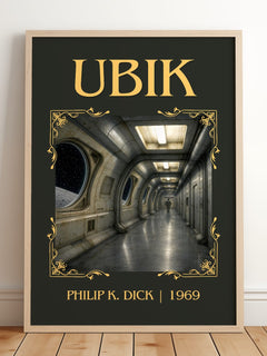 Ubik Classic Book Art Print by Philip K. Dick – framed print leaning on a wooden floor