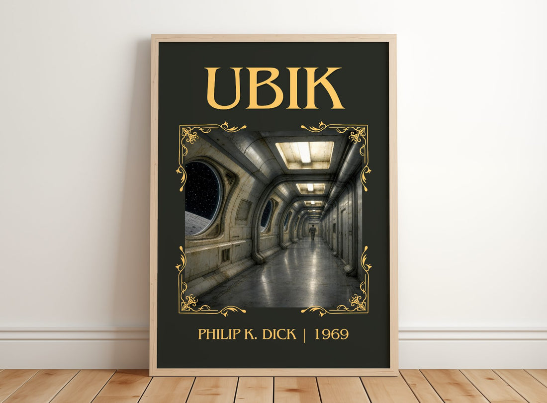 Ubik Classic Book Art Print by Philip K. Dick – framed print leaning on a wooden floor