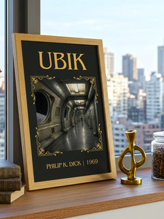 Ubik Classic Book Art Print by Philip K. Dick – framed print on a city-view windowsill