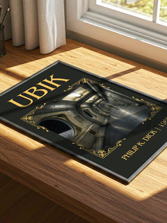 Ubik Classic Book Art Print by Philip K. Dick – print on a sunlit desk