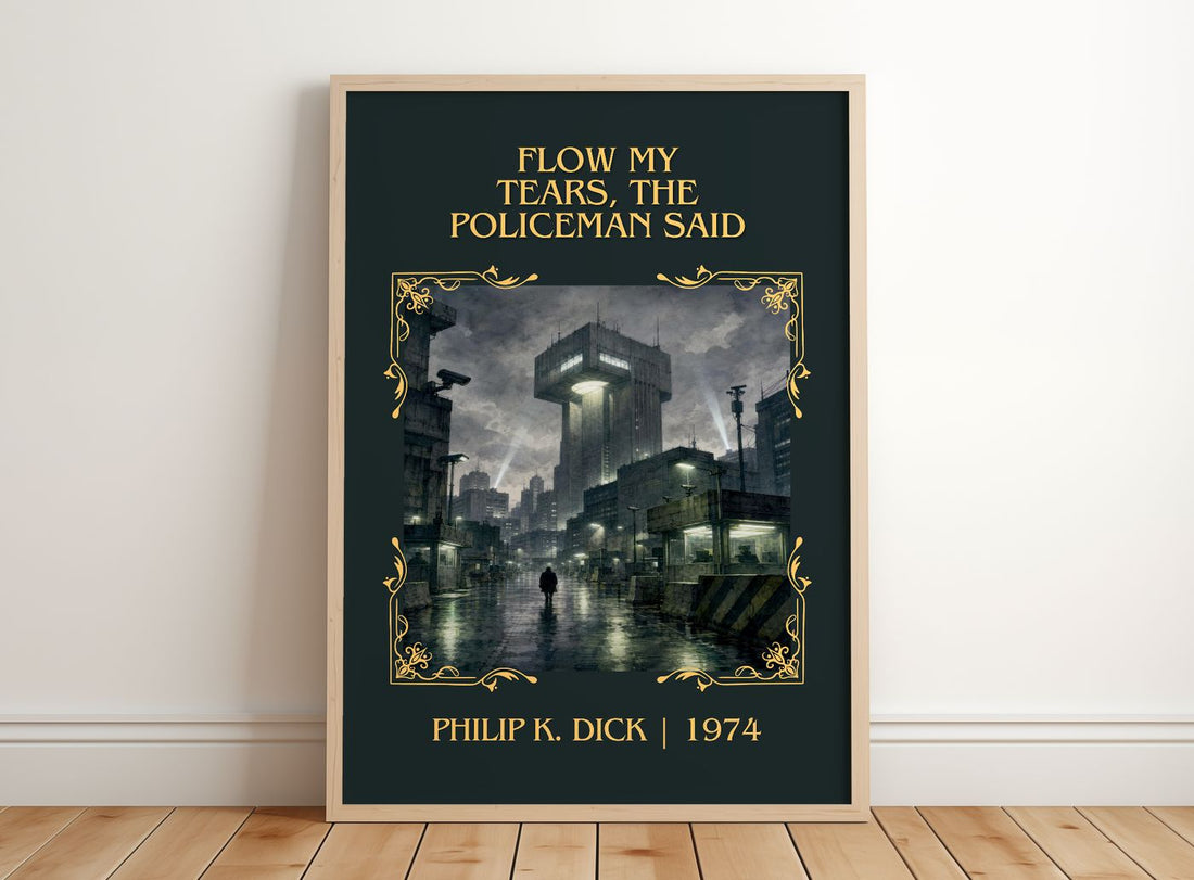 Flow My Tears, the Policeman Said Classic Book Art Print by P. Dick – framed print leaning on a wooden floor