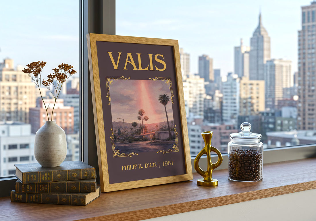 VALIS Classic Book Art Print by Philip K. Dick – framed print on a city-view windowsill