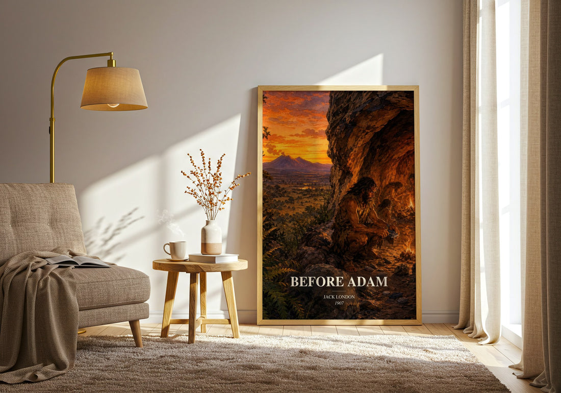 Before Adam watercolour print in frame leaning in hallway – adventure wall art (mockup)