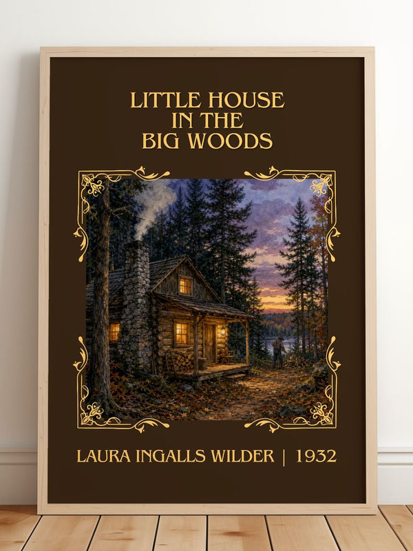 Little House in the Big Woods Classic Book Art Print by L. Wilder – framed print leaning on a wooden floor