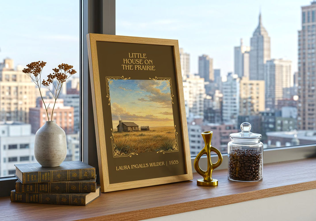 Little House on the Prairie Classic Book Art Print by L. Wilder – framed print on a city-view windowsill