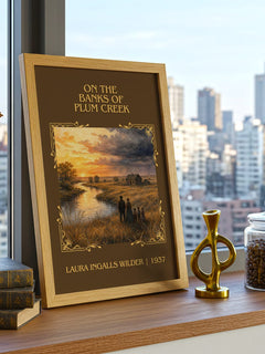 On the Banks of Plum Creek Classic Book Art Print by L. Wilder – framed print on a city-view windowsill