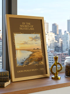 By the Shores of Silver Lake Classic Book Art Print by L. Wilder – framed print on a city-view windowsill