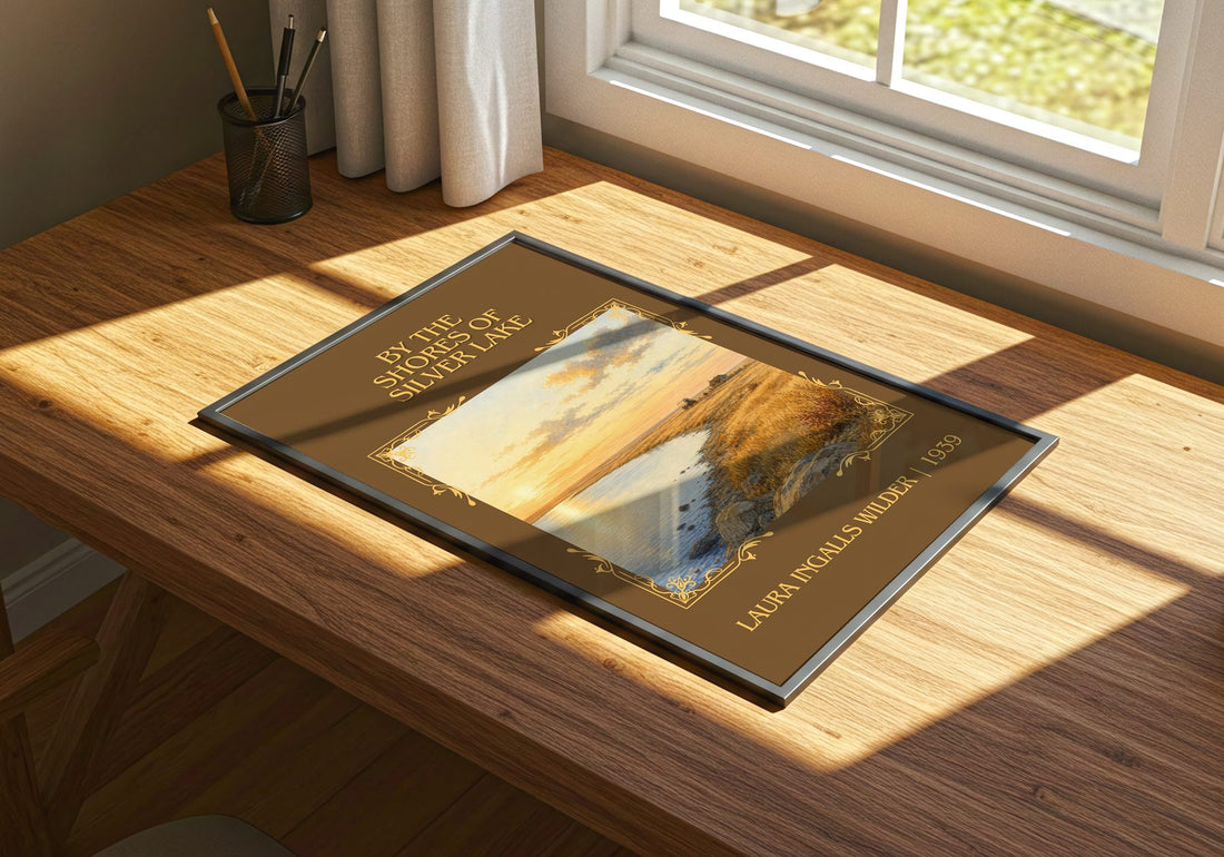 By the Shores of Silver Lake Classic Book Art Print by L. Wilder – print on a sunlit desk