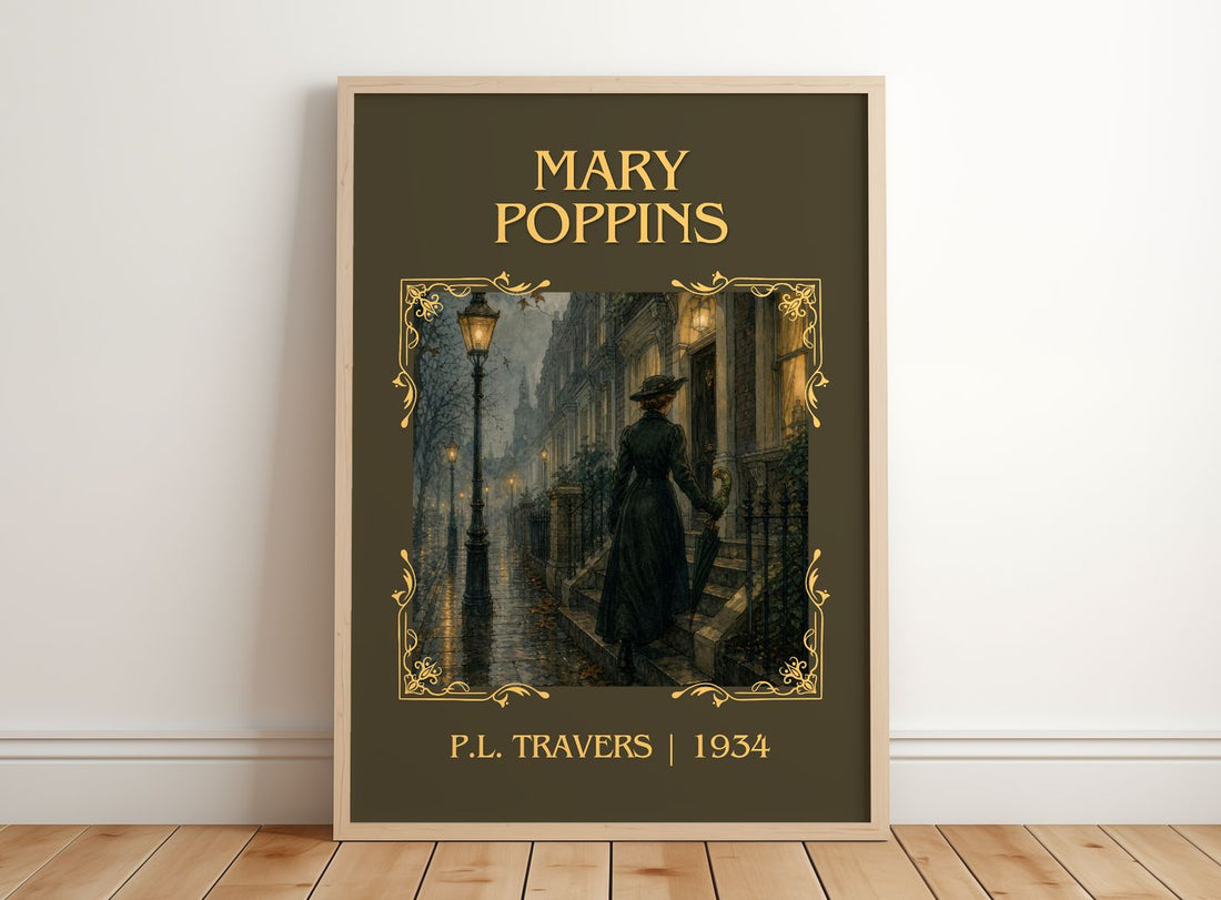 Mary Poppins Classic Book Art Print by P.L. Travers – framed print leaning on a wooden floor