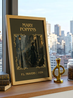 Mary Poppins Classic Book Art Print by P.L. Travers – framed print on a city-view windowsill