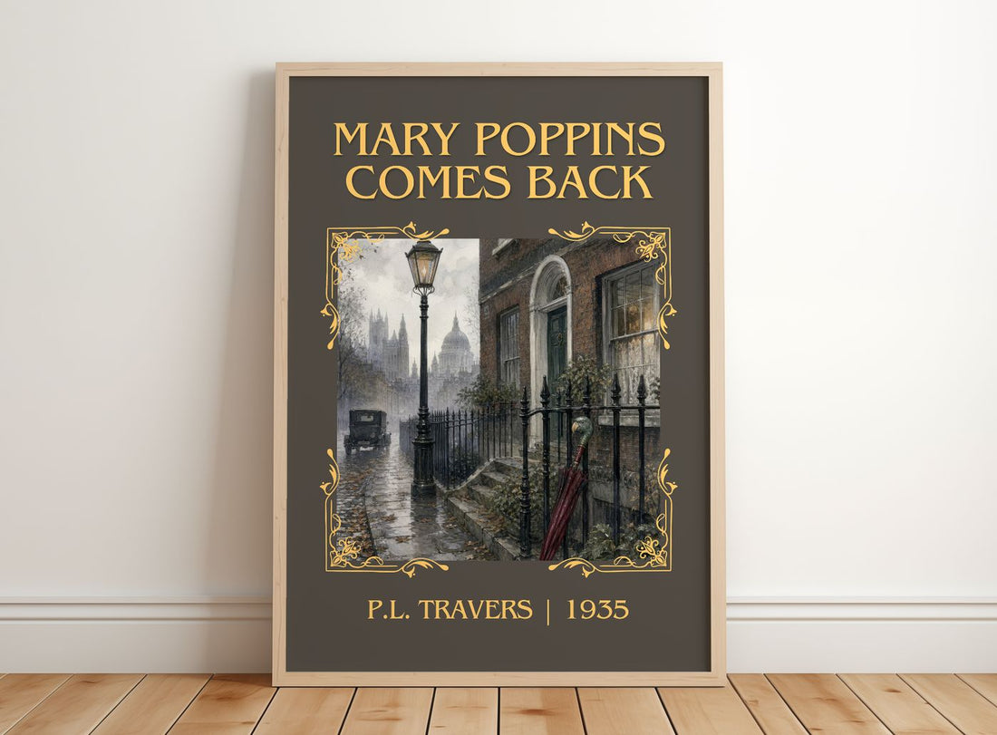 Mary Poppins Comes Back Classic Book Art Print by P.L. Travers – framed print leaning on a wooden floor