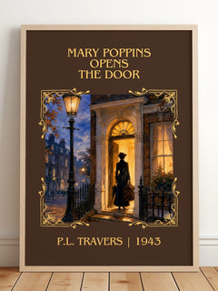 Mary Poppins Opens the Door Classic Book Art Print by P.L. Travers – framed print leaning on a wooden floor