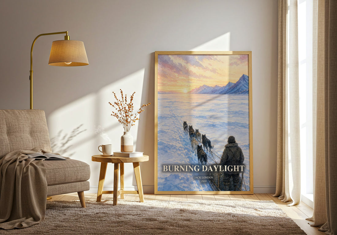 Burning Daylight watercolour print in frame leaning in hallway – adventure wall art (mockup)