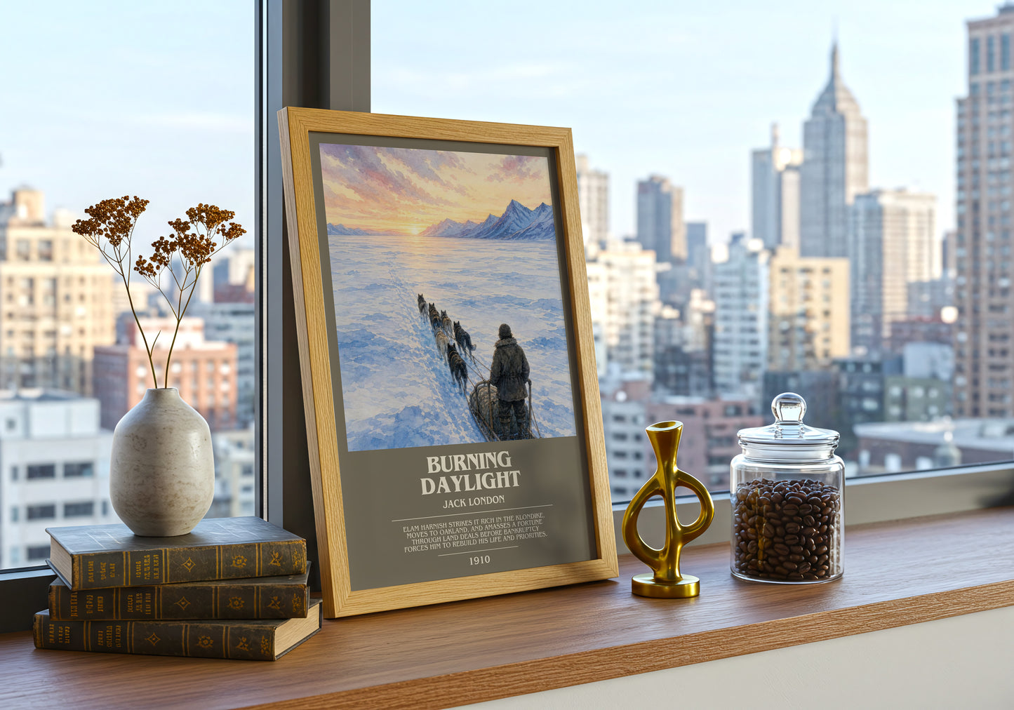 Burning Daylight bookish print framed by window – literary home decor