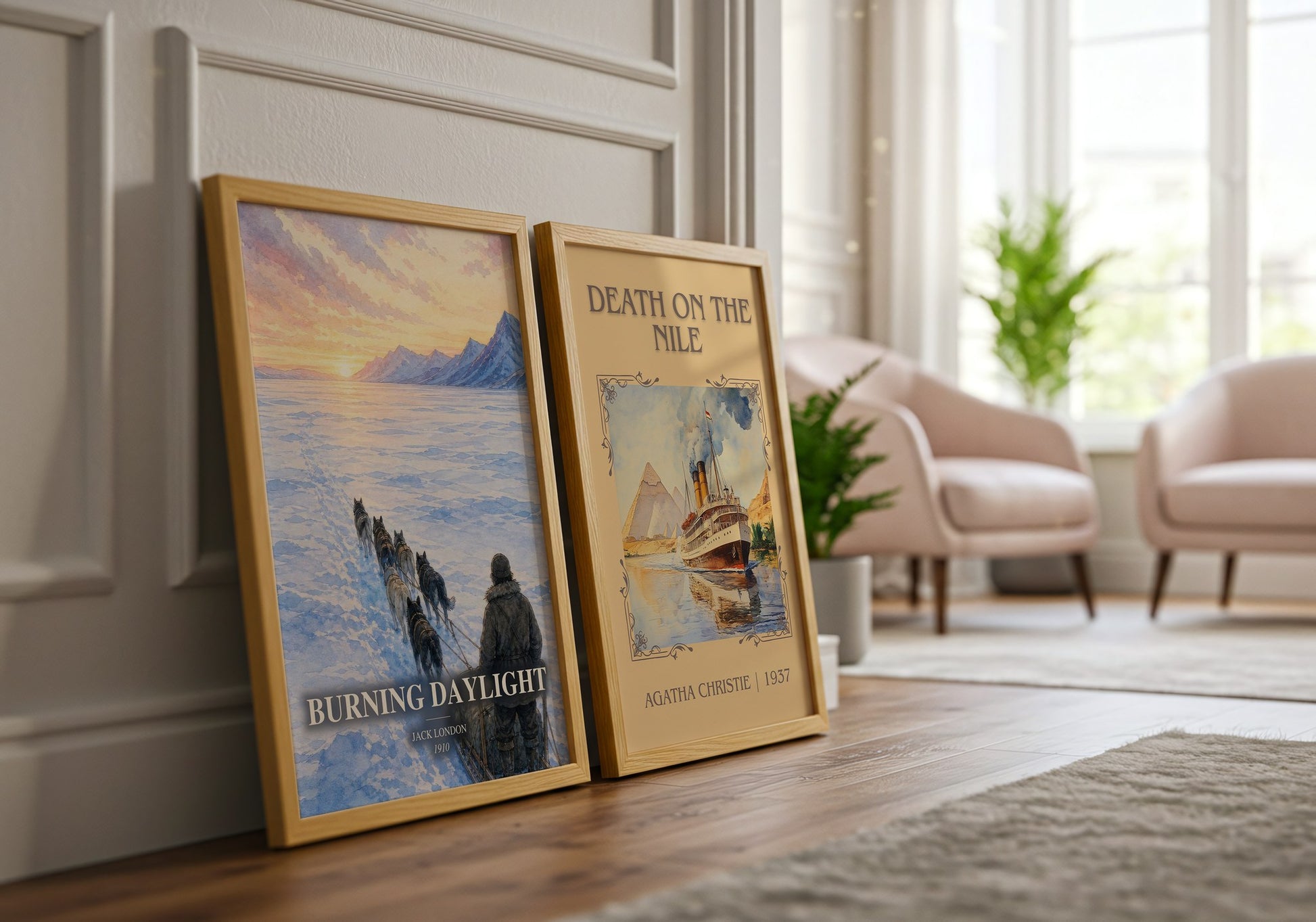 Burning Daylight watercolour print framed by window – literary home decor
