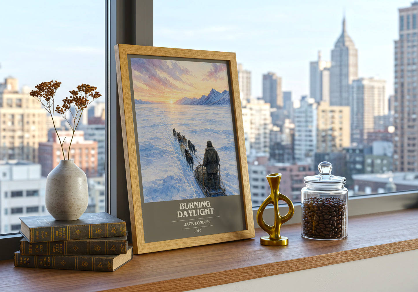 Burning Daylight book cover print framed by window – literary home decor