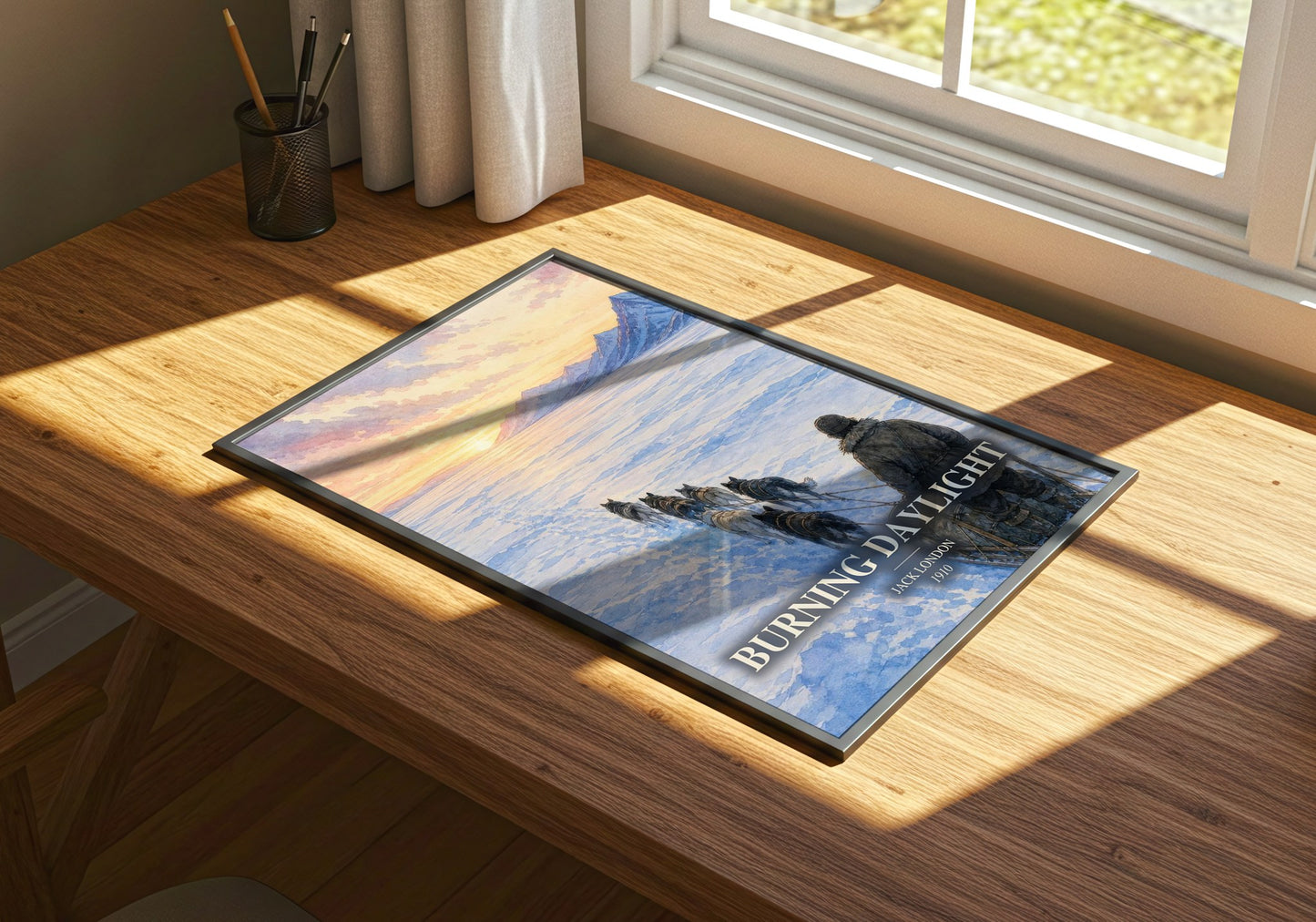 Burning Daylight watercolour book poster framed on wall – adventure wall art