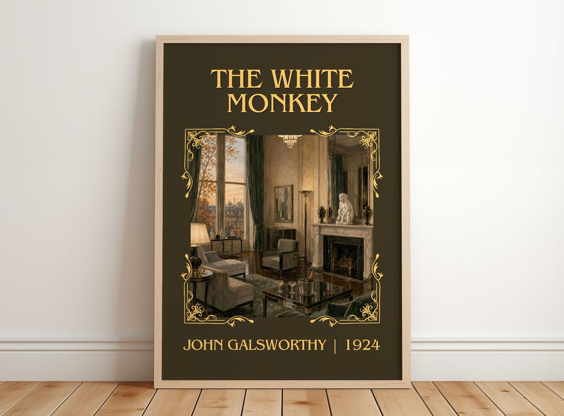 The White Monkey Classic Book Art Print by John Galsworthy – framed print leaning on a wooden floor