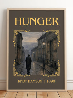 Hunger Classic Book Art Print by Knut Hamsun – framed print leaning on a wooden floor