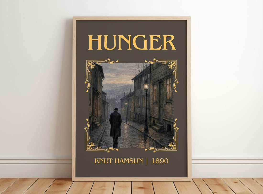 Hunger Classic Book Art Print by Knut Hamsun – framed print leaning on a wooden floor