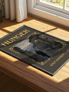 Hunger Classic Book Art Print by Knut Hamsun – print on a sunlit desk