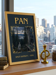 Pan Classic Book Art Print by Knut Hamsun – framed print on a city-view windowsill