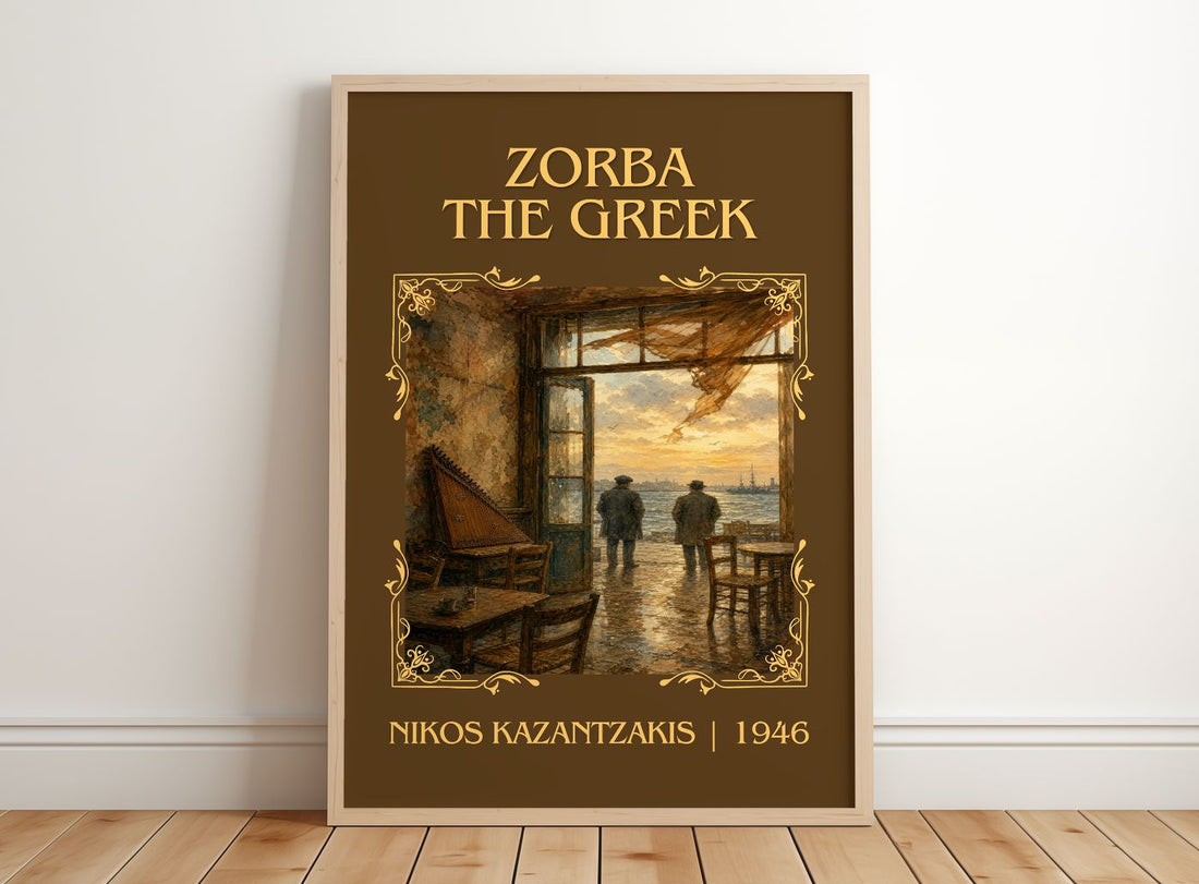 Zorba the Greek Classic Book Art Print by Nikos Kazantzakis – framed print leaning on a wooden floor