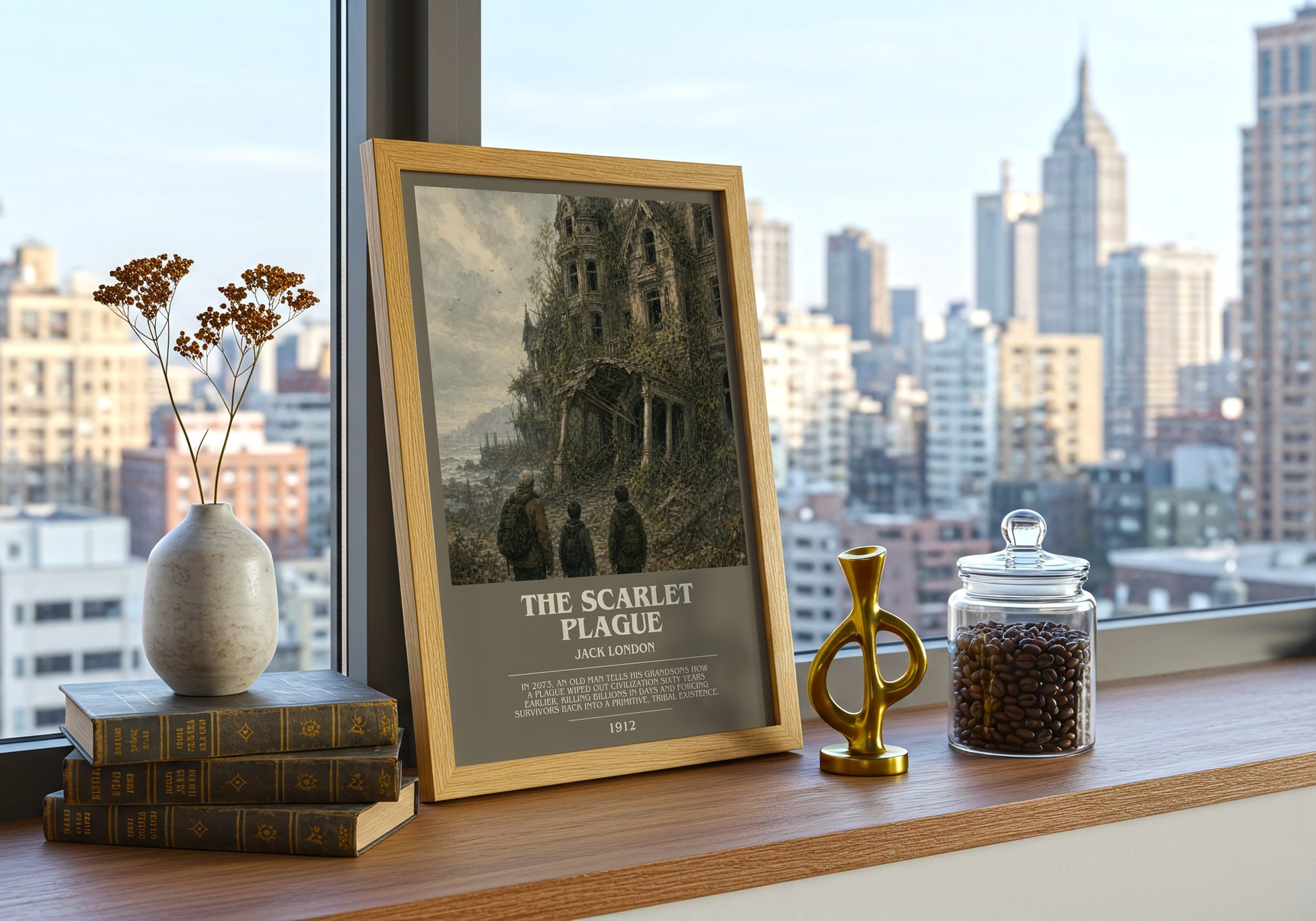 The Scarlet Plague bookish print framed by window – literary home decor