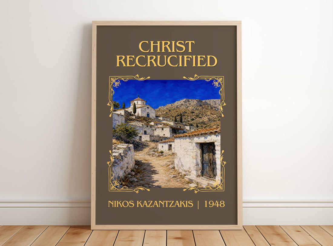 Christ Recrucified Classic Book Art Print by Nikos Kazantzakis – framed print leaning on a wooden floor