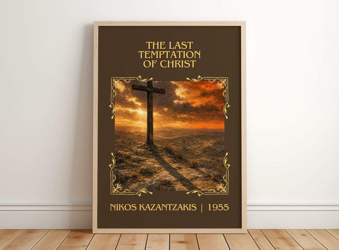 Last Temptation of Christ Classic Book Art Print by Nikos Kazantzakis – framed print leaning on a wooden floor