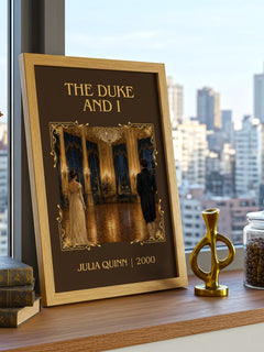 The Duke and I Classic Book Art Print by Julia Quinn – framed print on a city-view windowsill