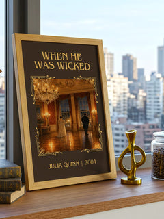 When He Was Wicked Classic Book Art Print by Julia Quinn – framed print on a city-view windowsill