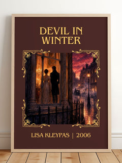 Devil in Winter Classic Book Art Print by Lisa Kleypas – framed print leaning on a wooden floor