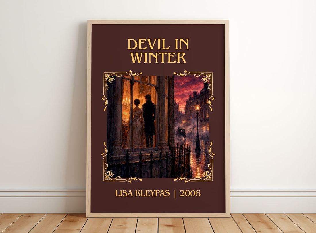 Devil in Winter Classic Book Art Print by Lisa Kleypas – framed print leaning on a wooden floor