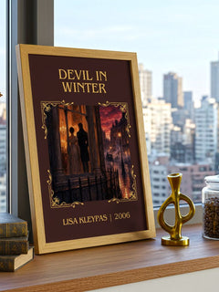Devil in Winter Classic Book Art Print by Lisa Kleypas – framed print on a city-view windowsill