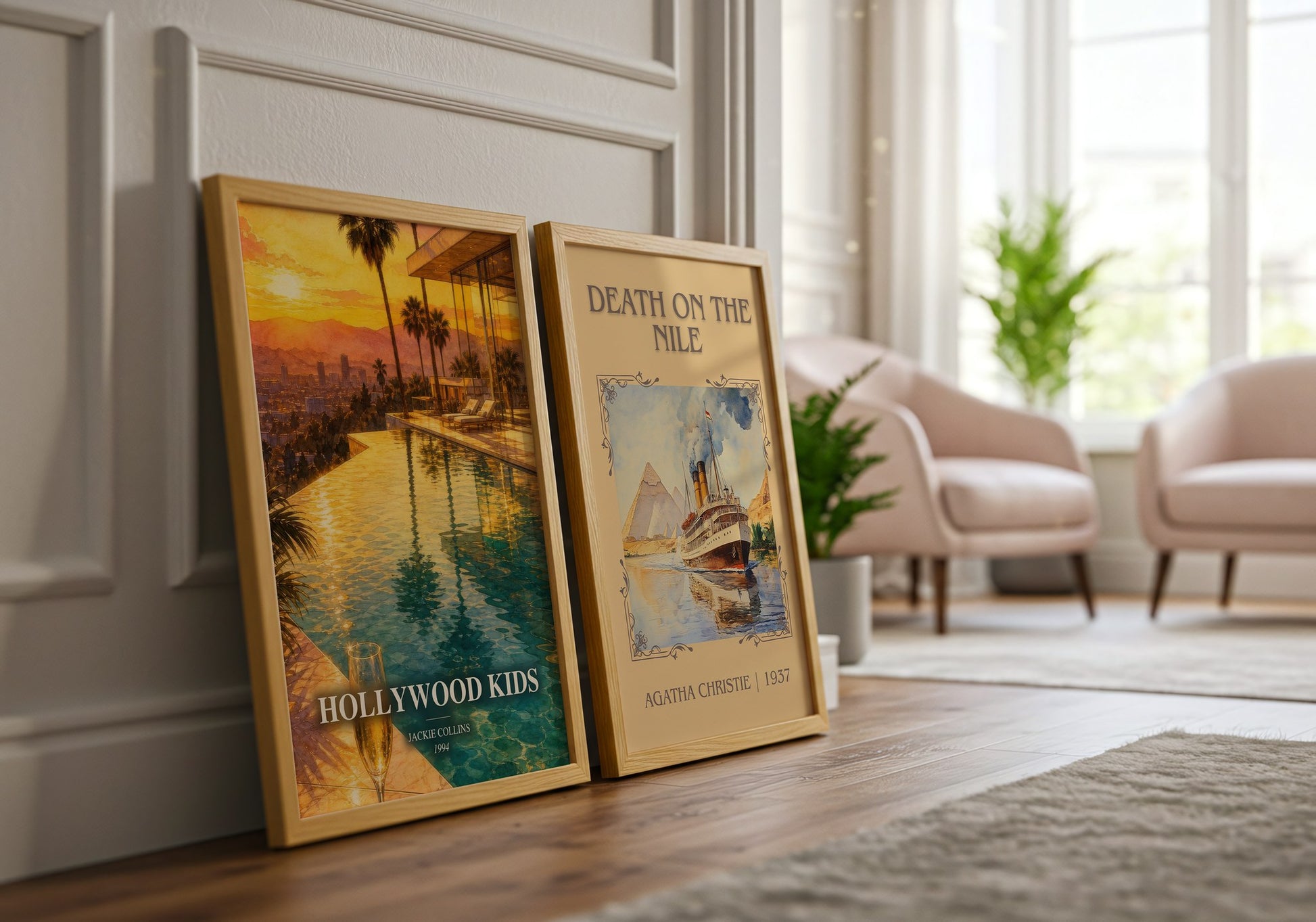 Hollywood Kids watercolour print framed by window – literary home decor