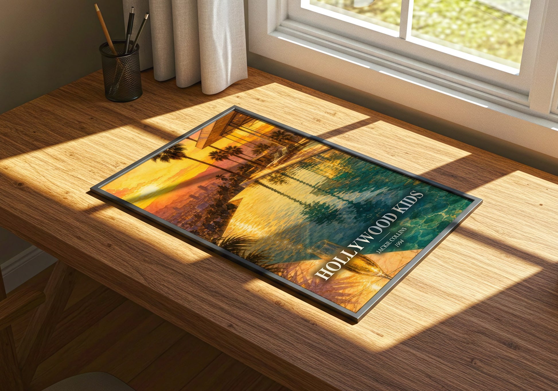 Hollywood Kids watercolour book poster framed on wall – contemporary fiction wall art