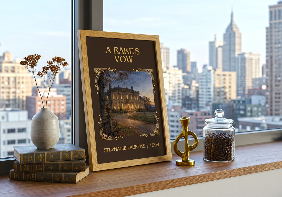 A Rake's Vow Classic Book Art Print by Stephanie Laurens – framed print on a city-view windowsill