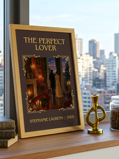 The Perfect Lover Classic Book Art Print by Stephanie Laurens – framed print on a city-view windowsill