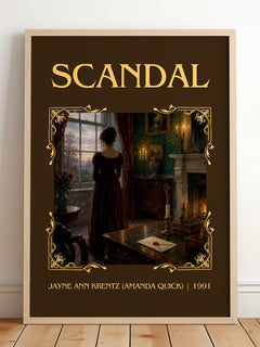 Scandal Classic Book Art Print by Jayne Ann Krentz (Amanda Quick) – framed print leaning on a wooden floor