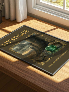 Mystique Classic Book Art Print by Jayne Ann Krentz (Amanda Quick) – print on a sunlit desk
