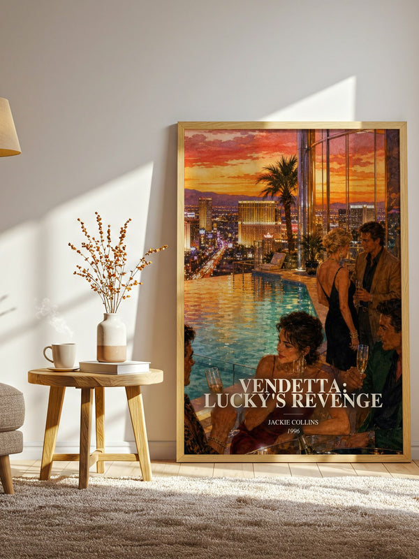Vendetta: Lucky'S Revenge watercolour print in frame leaning in hallway – contemporary fiction wall art