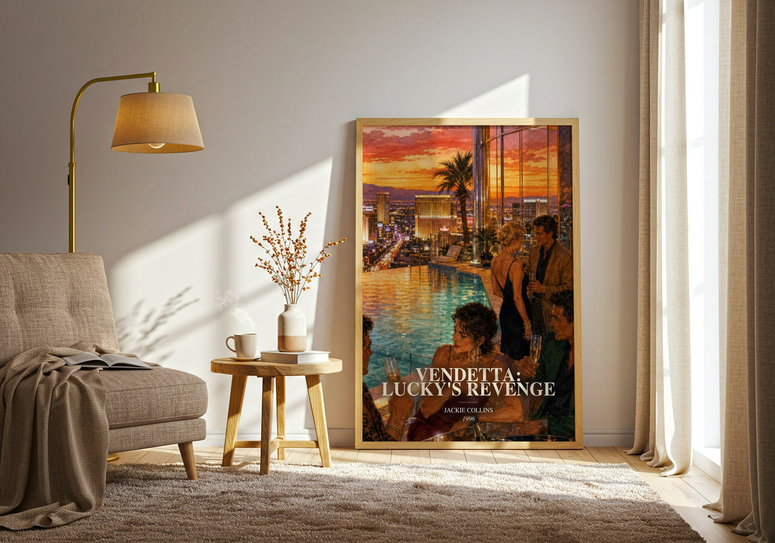 Vendetta: Lucky'S Revenge watercolour print in frame leaning in hallway – contemporary fiction wall art (mockup)