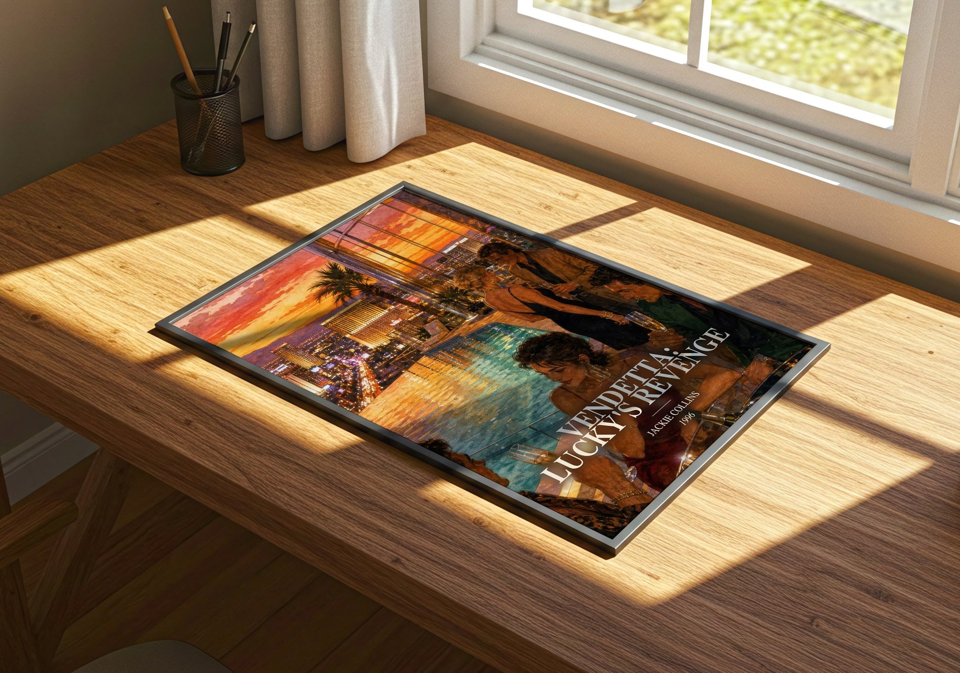 Vendetta: Lucky'S Revenge watercolour book poster framed on wall – contemporary fiction wall art