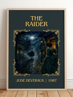 The Raider Classic Book Art Print by Jude Deveraux – framed print leaning on a wooden floor