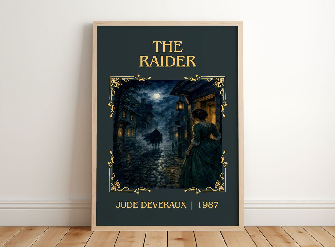 The Raider Classic Book Art Print by Jude Deveraux – framed print leaning on a wooden floor