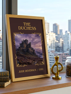 The Duchess Classic Book Art Print by Jude Deveraux – framed print on a city-view windowsill
