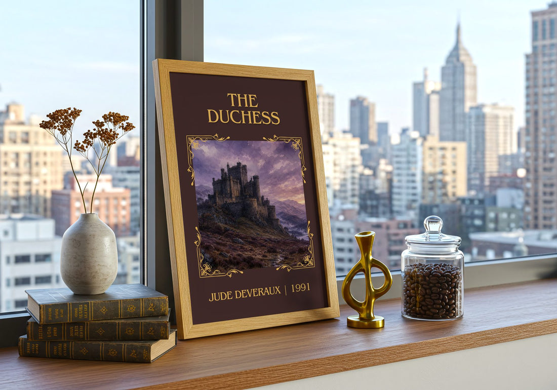 The Duchess Classic Book Art Print by Jude Deveraux – framed print on a city-view windowsill