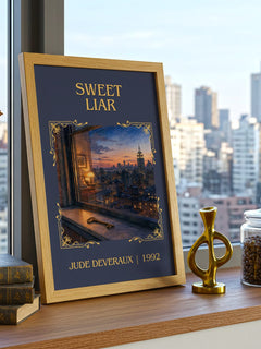Sweet Liar Classic Book Art Print by Jude Deveraux – framed print on a city-view windowsill