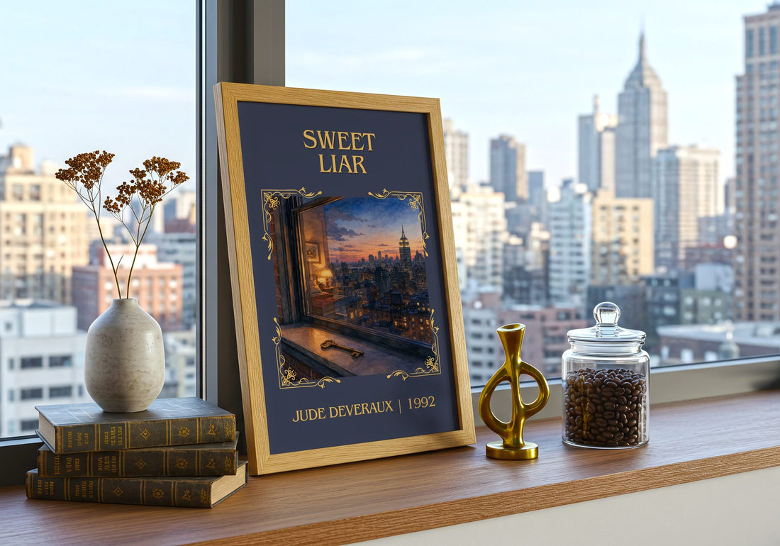 Sweet Liar Classic Book Art Print by Jude Deveraux – framed print on a city-view windowsill
